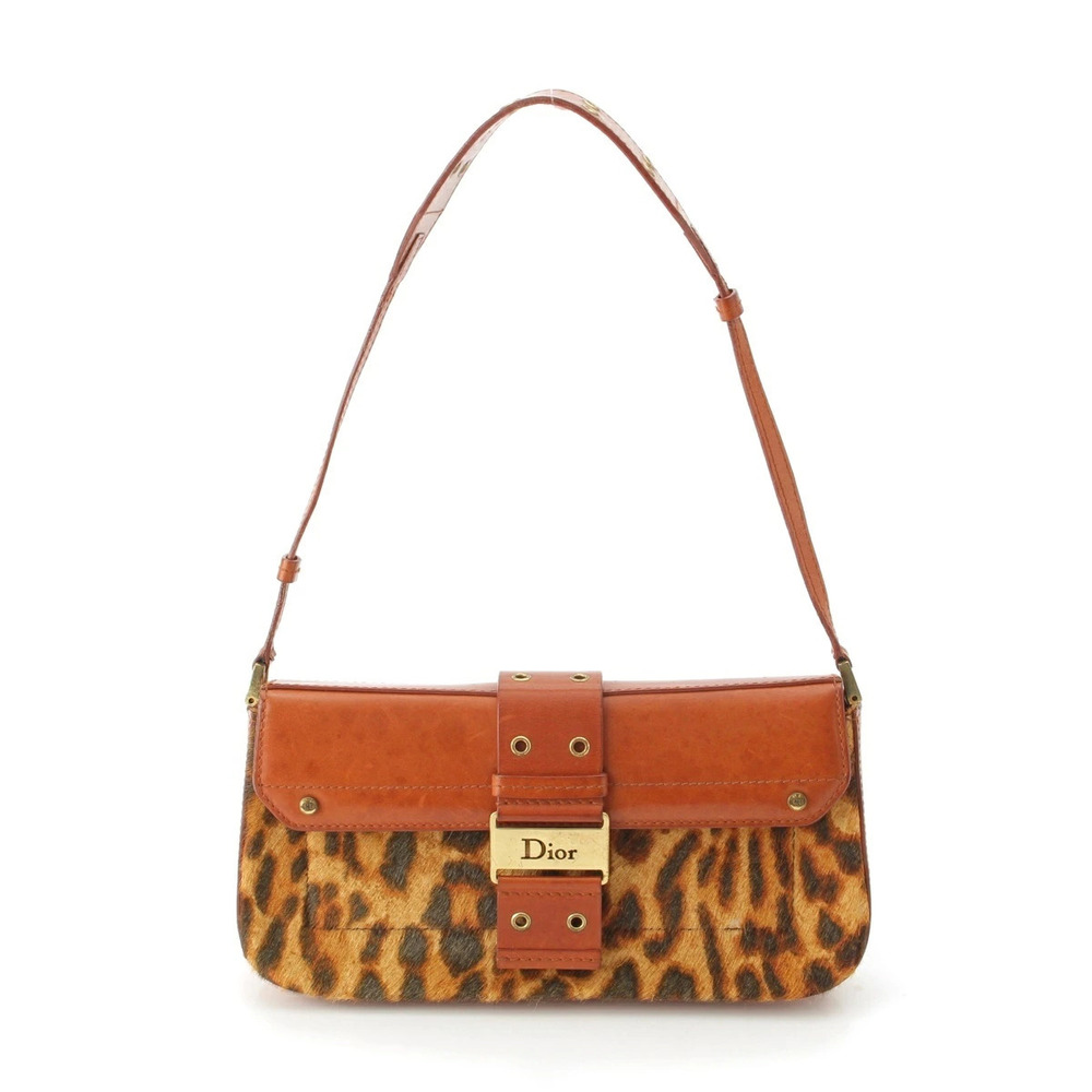 Christian Dior Street Leather Calf Hair Leopard Shoulder Bag Brown